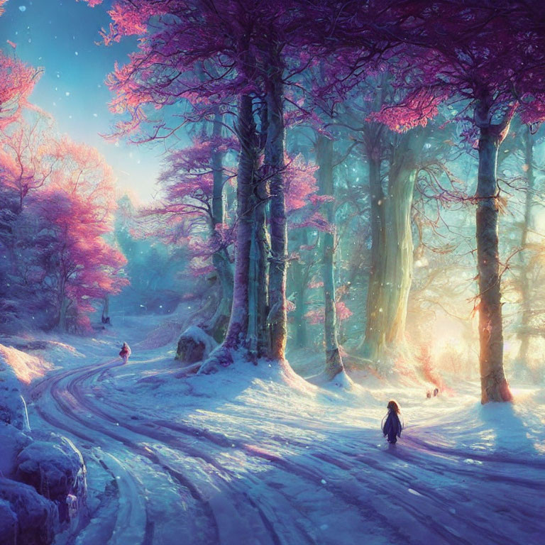 Snowy Winter Scene with Pink Trees and Figures Walking in Forest