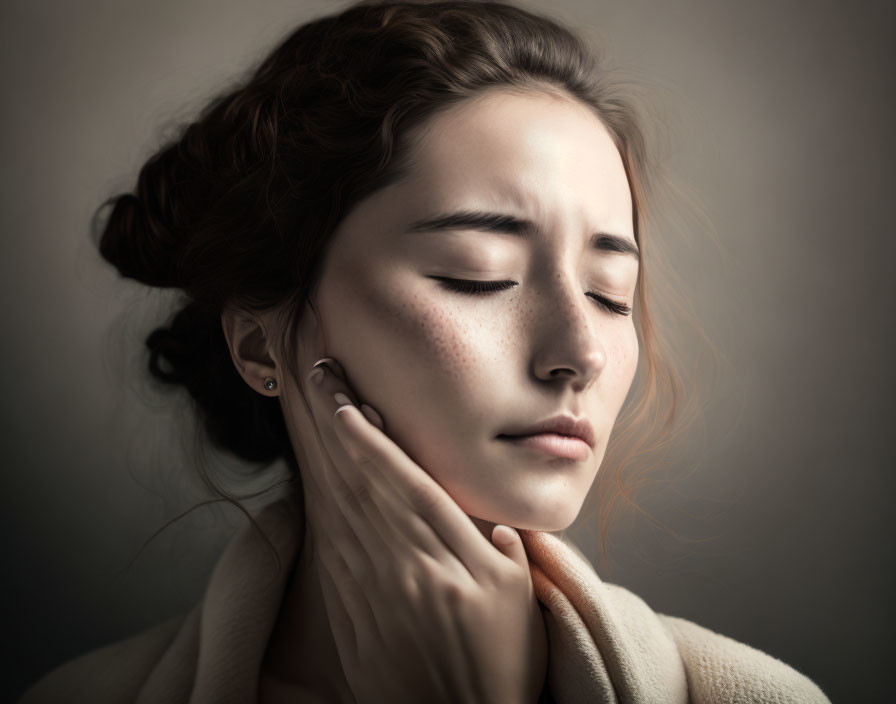 Serene woman with closed eyes cradling face in soft light