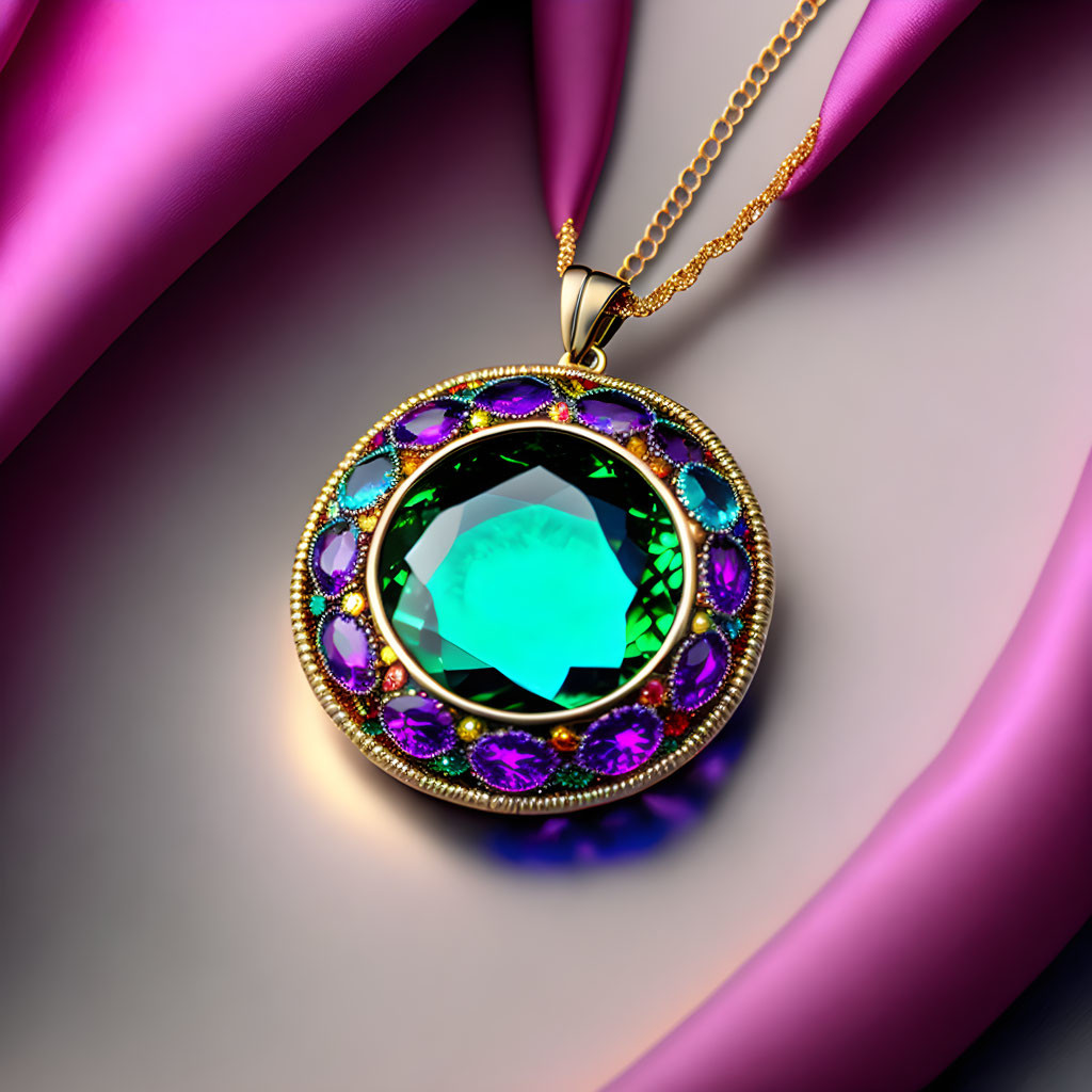 Opulent green gemstone pendant with purple jewels on gold chain