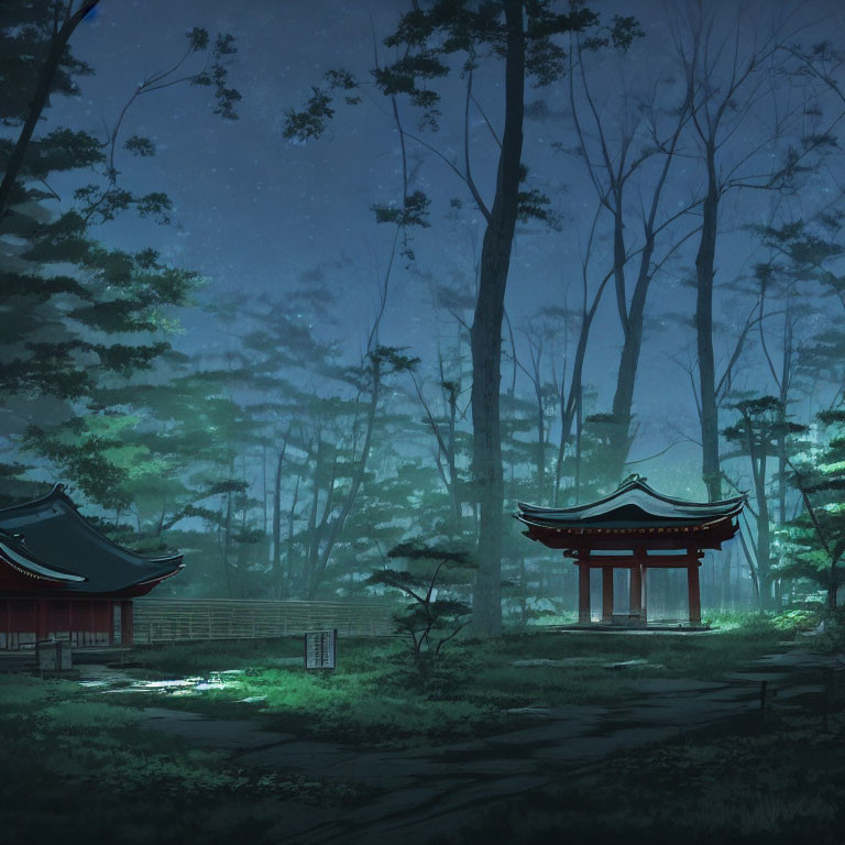 Traditional Asian architecture in serene forest night scene