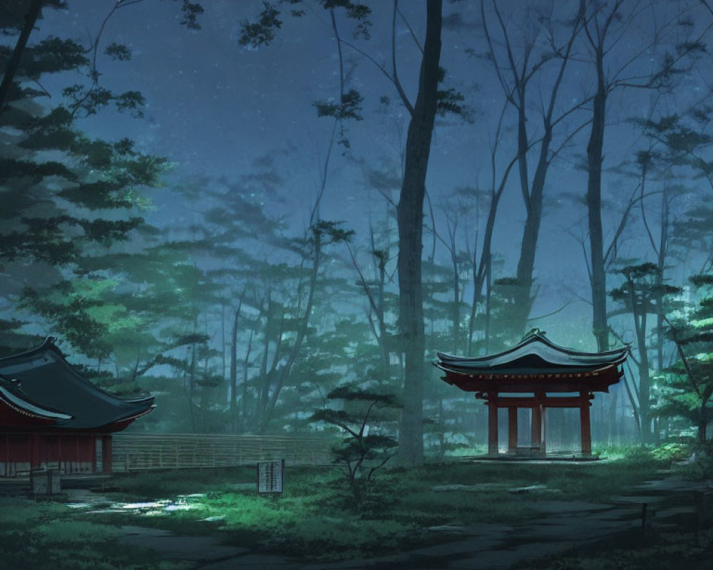 Traditional Asian architecture in serene forest night scene