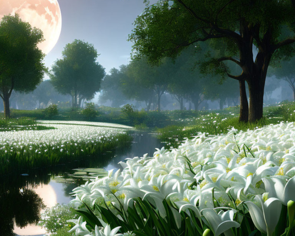 Tranquil landscape with white flowers, river, trees, mist, and moon