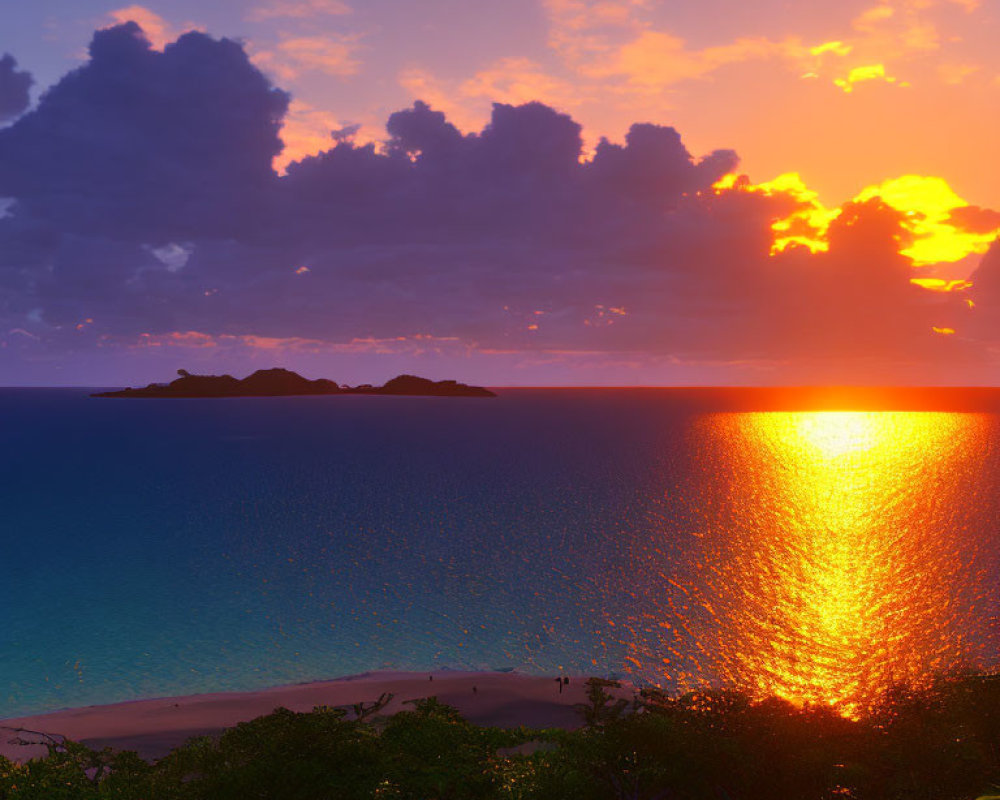 Scenic sunset over tranquil beach with reflections and silhouettes