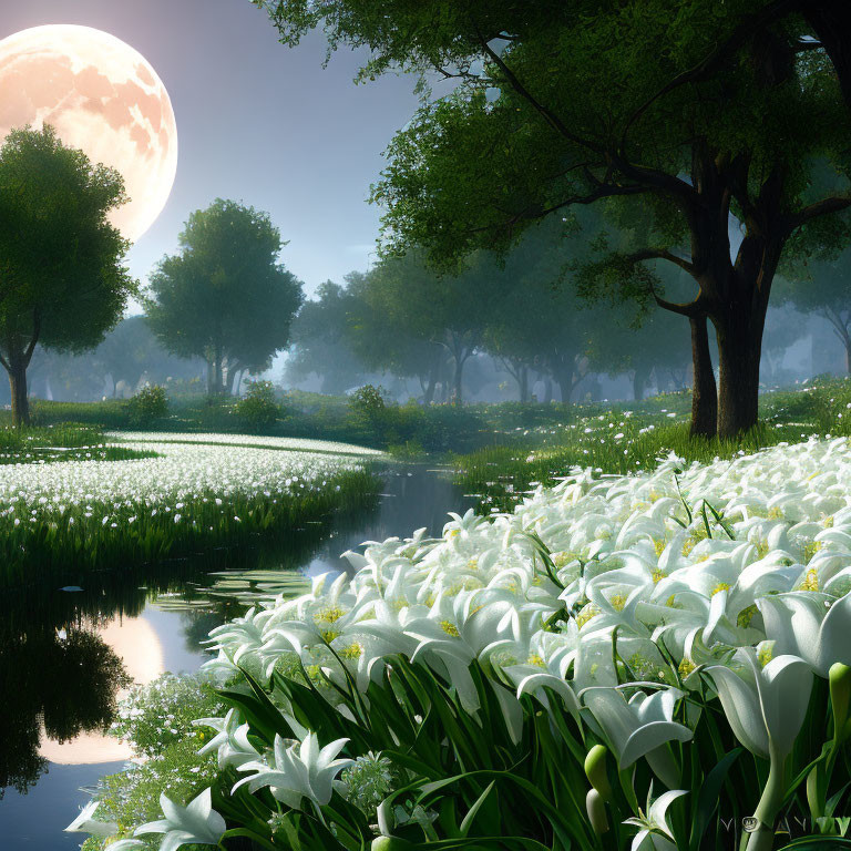 Tranquil landscape with white flowers, river, trees, mist, and moon