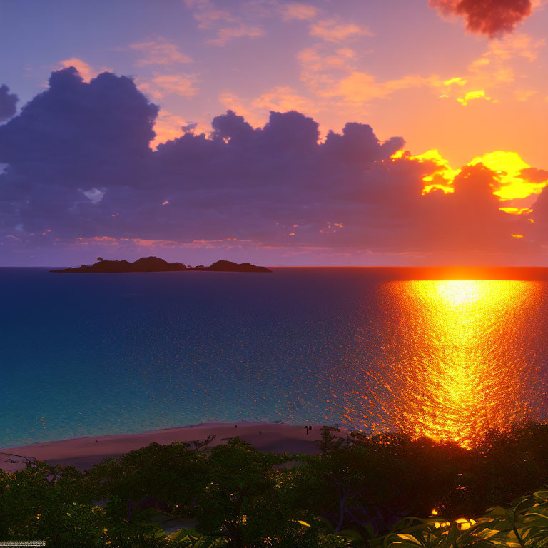 Scenic sunset over tranquil beach with reflections and silhouettes