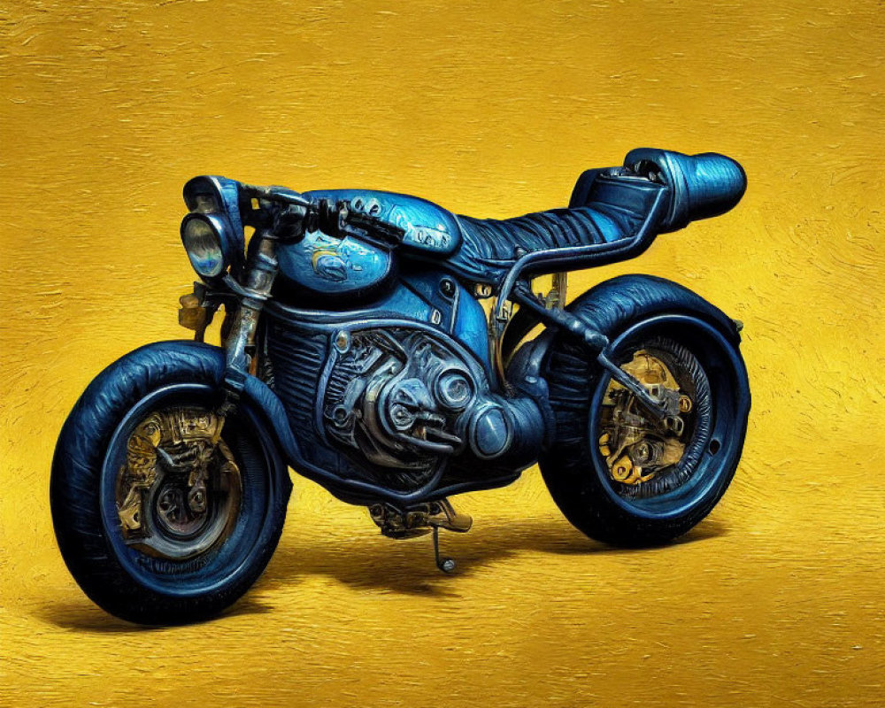 Custom Vintage Motorcycle with Detailed Engine and Black Leather Seat on Golden Background