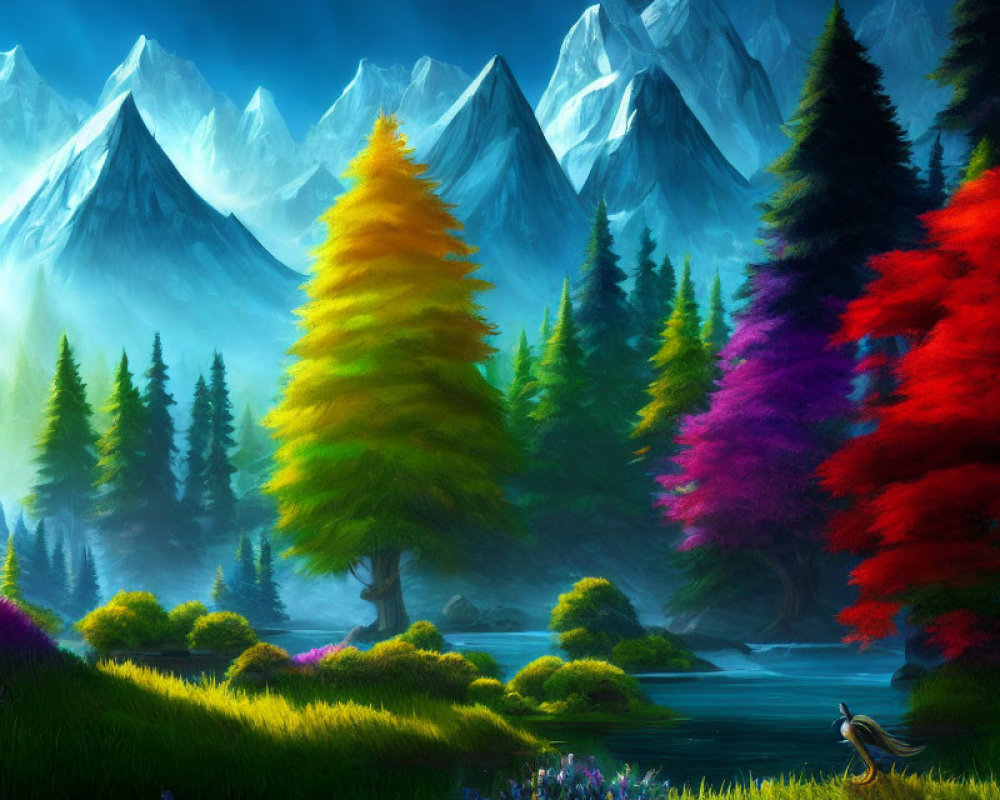 Colorful Trees, River, Mountains, Sky, and Bird in Vibrant Landscape