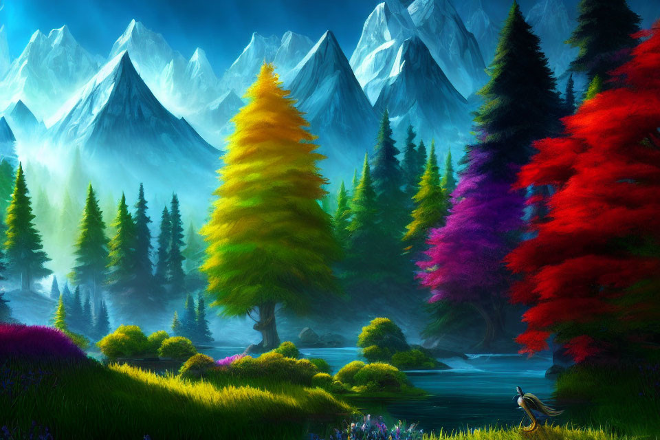 Colorful Trees, River, Mountains, Sky, and Bird in Vibrant Landscape