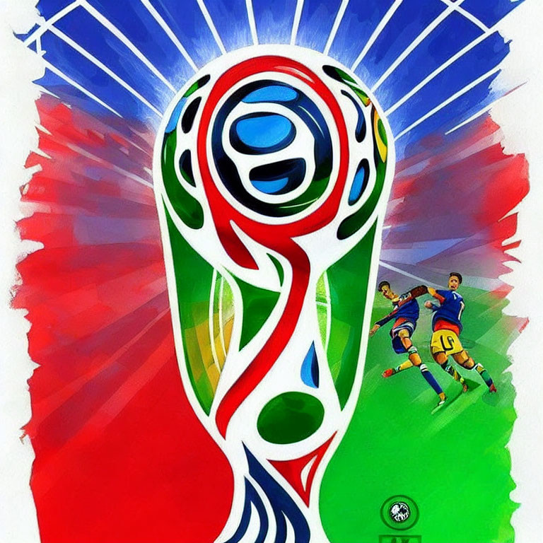 Vibrant World Cup-themed illustration with trophy design and abstract soccer players.