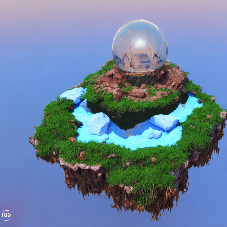 Grassy floating island with geodesic dome, waterfalls, ice formations, purplish sky