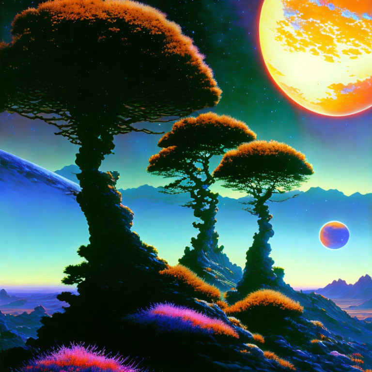 Alien trees and celestial bodies in sci-fi landscape