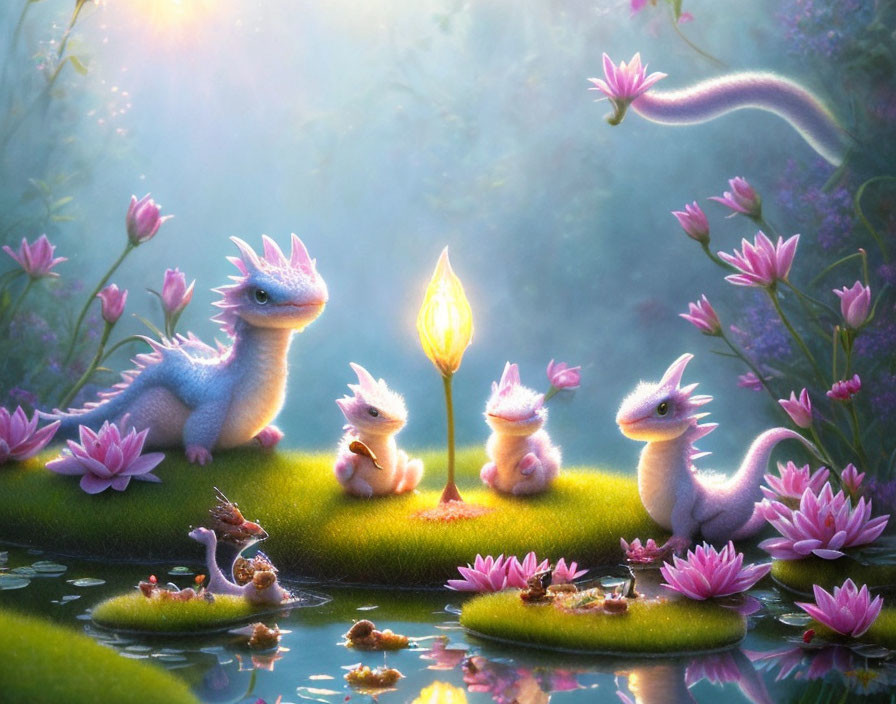 Four cute dragon-like creatures on lily pads in magical pond scene