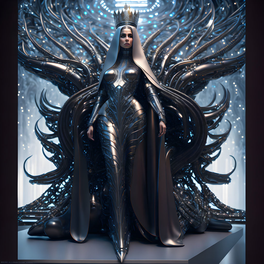 Sci-fi armor-clad woman with crown on futuristic throne exudes regal power