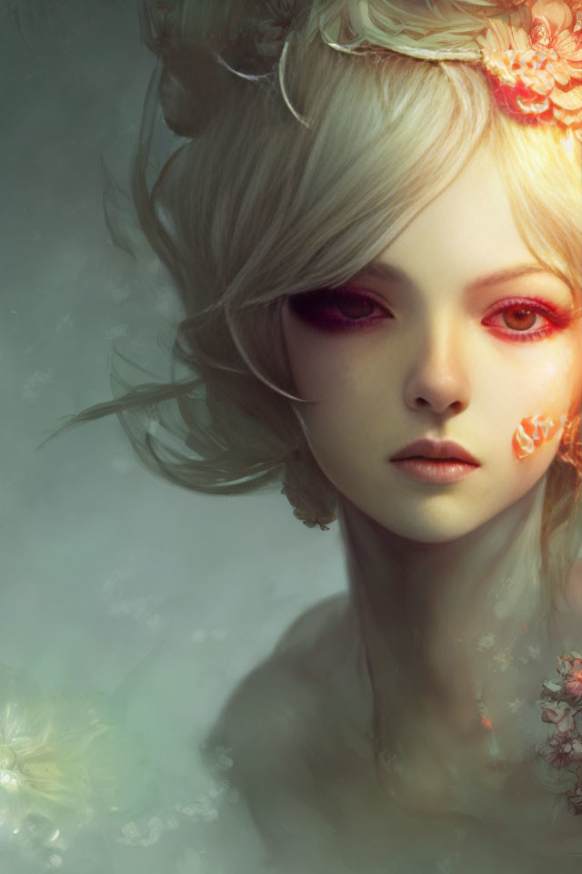 Digital Art: Female with Pale Skin, Red Eyes, Blonde Hair, and Floral Details