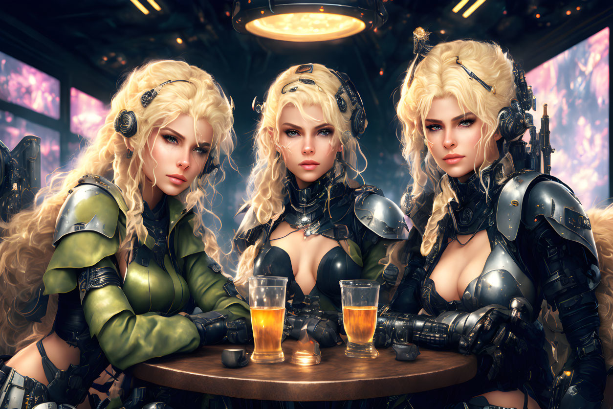 Blonde female warriors in futuristic armor at neon-lit bar