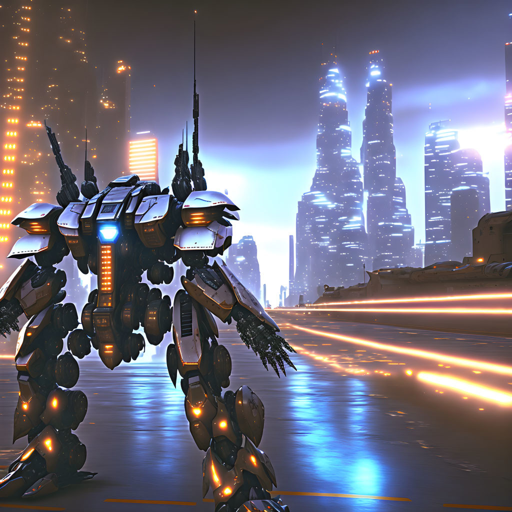 Futuristic mech in neon-lit city street at night