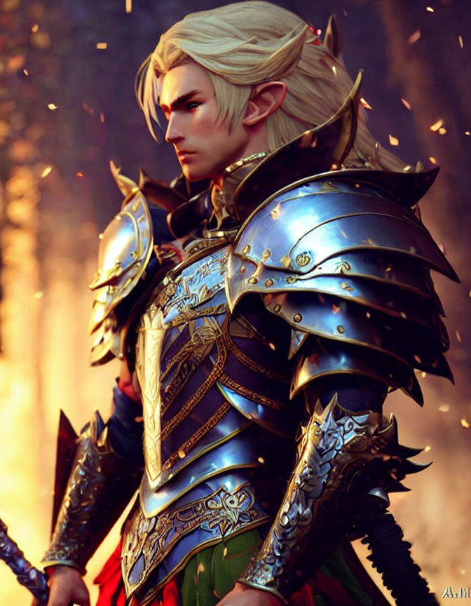 Elf warrior in ornate armor with ember-like particles in warm background