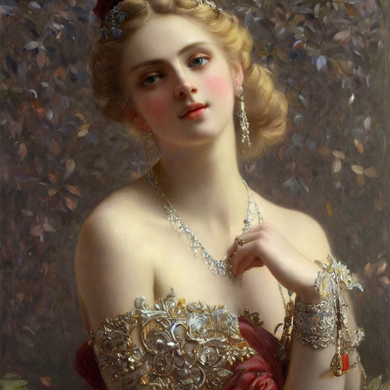 Classic Portrait of Fair-Skinned Woman in Red Dress