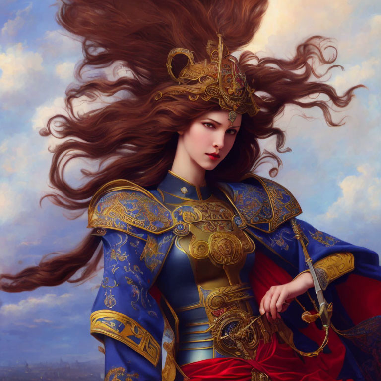 Regal woman in blue and gold armor with intricate crown and formidable expression.