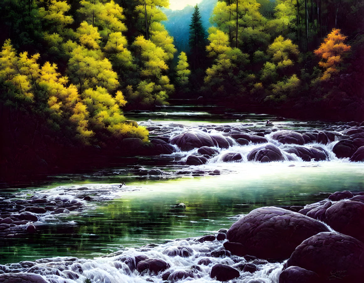 Tranquil river in forest with yellow and green trees, rocks, and mist