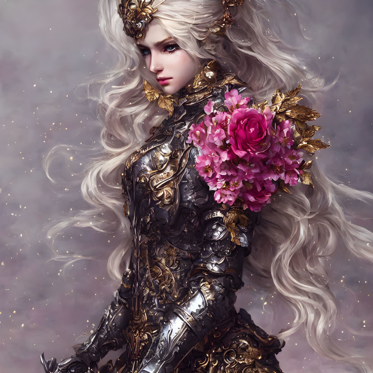 Illustration of female warrior with white wavy hair in ornate dark armor