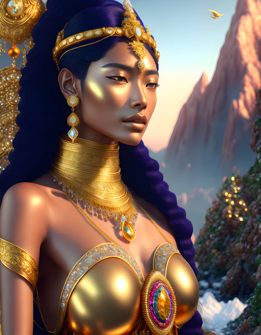 Regal woman illustration with gold jewelry and blue headpiece against mountain backdrop