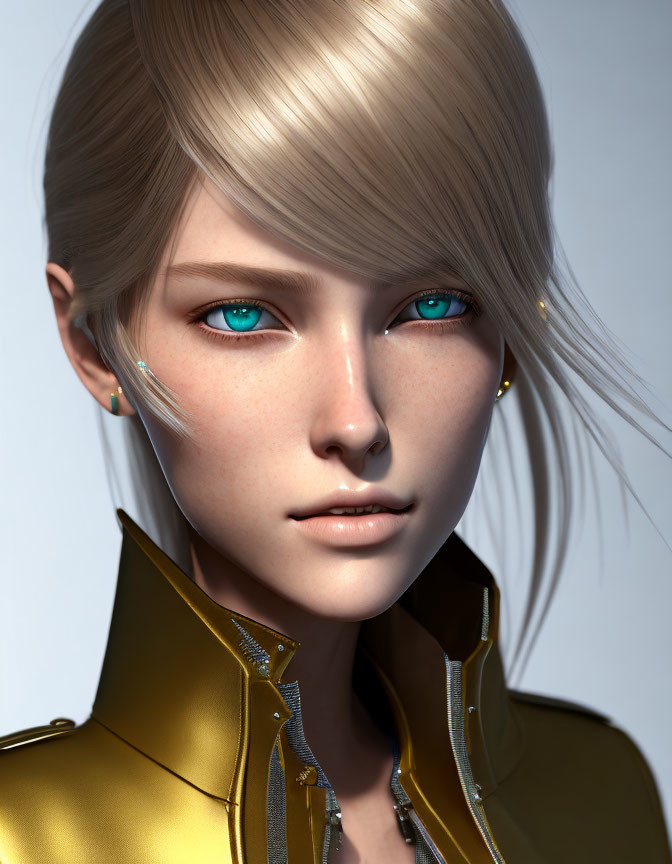 Female 3D Render with Blue Eyes, Blonde Hair & Futuristic Yellow Jacket