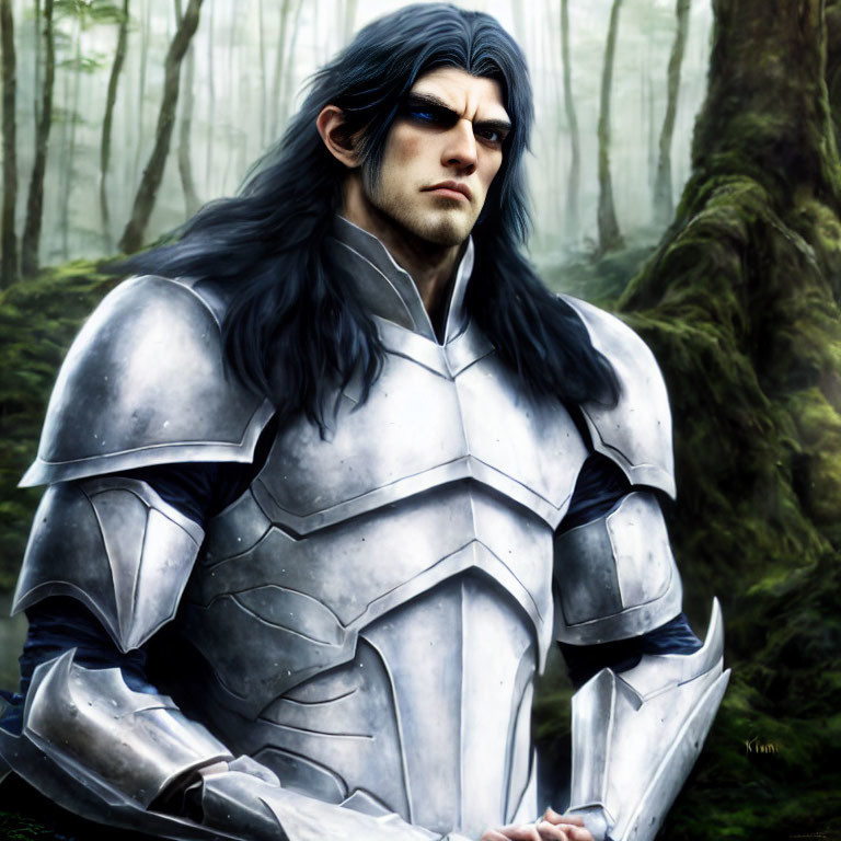 Long-haired character in silver armor in misty forest