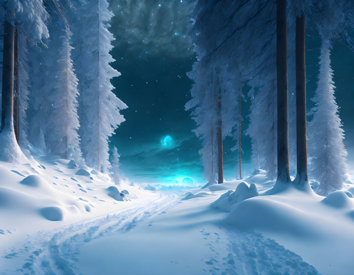 Snowy Path Through Frosted Trees on Tranquil Winter Night