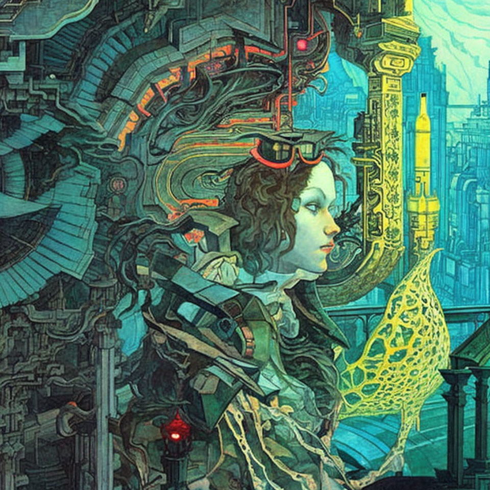 Digital Art: Female Figure with Mechanical Parts in Futuristic Cityscape