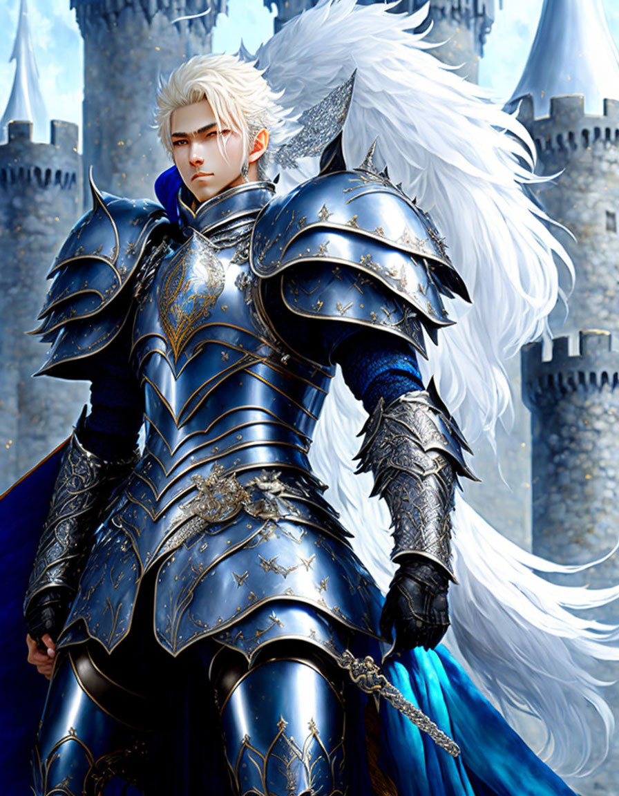 Silver-Haired Warrior in Blue and Black Armor Before Castle