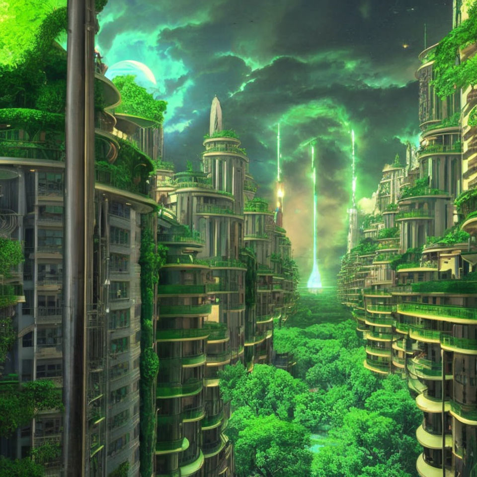 Futuristic cityscape with towering buildings and glowing green beam