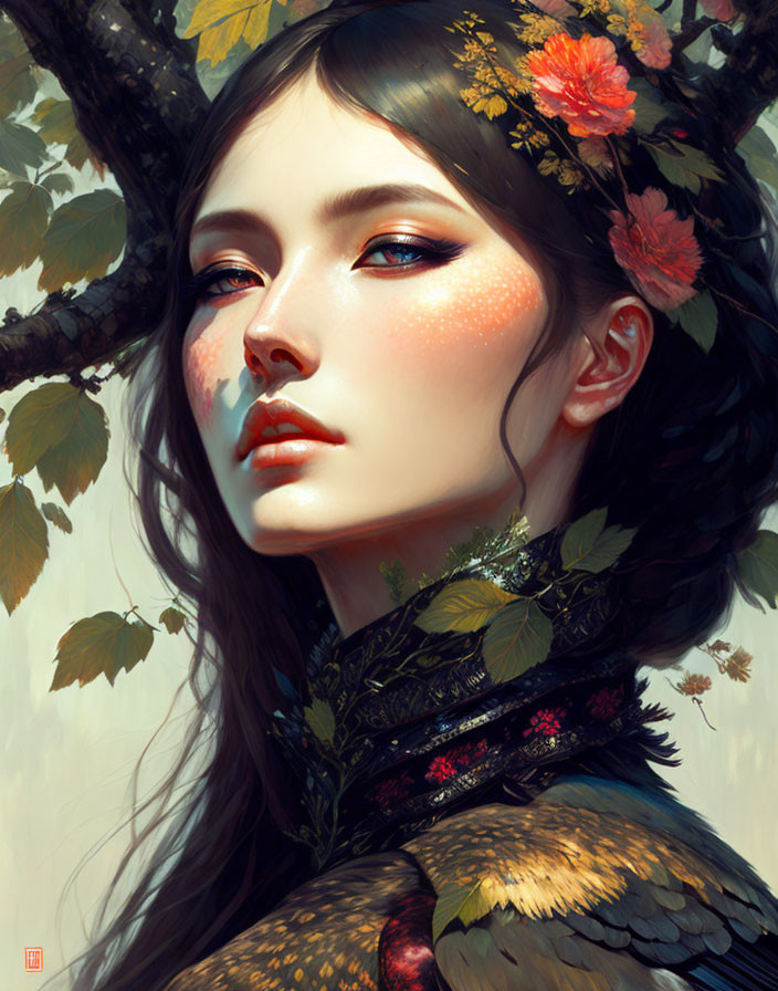 Digital artwork of woman with floral adornments, intricate patterns, and feather-like textures in nature setting