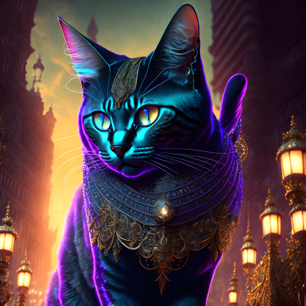 Majestic cat adorned with golden jewelry in mystical setting