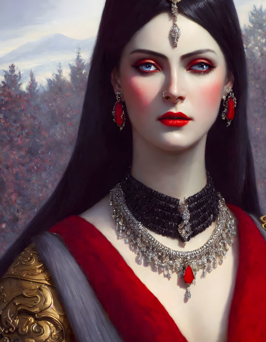 Regal woman with ornate jewelry in velvet cloak against ethereal backdrop