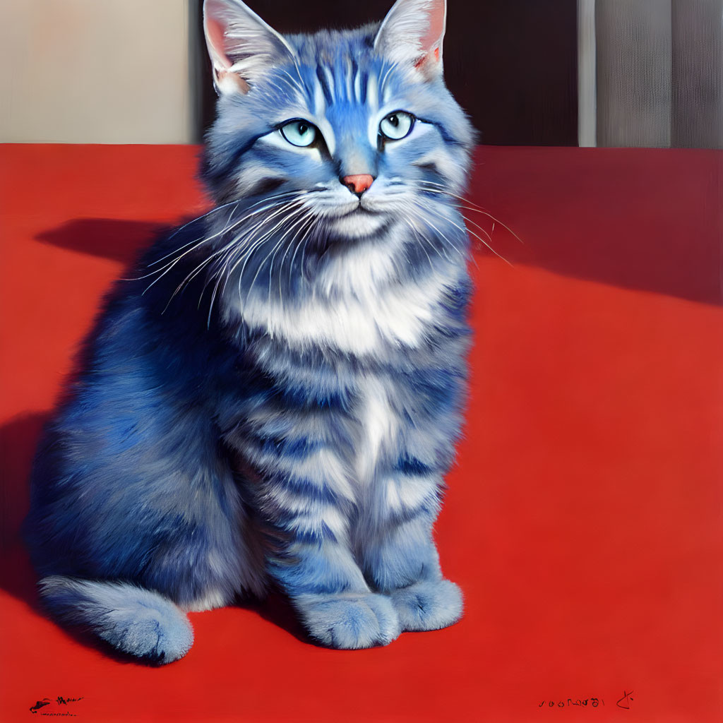 Realistic Painting of Blue-Eyed Tabby Cat on Red Surface