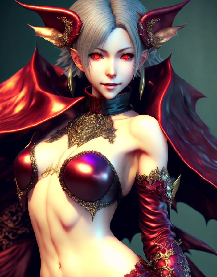 Fantasy female character with pale skin, red eyes, white hair, red horns, winged cape