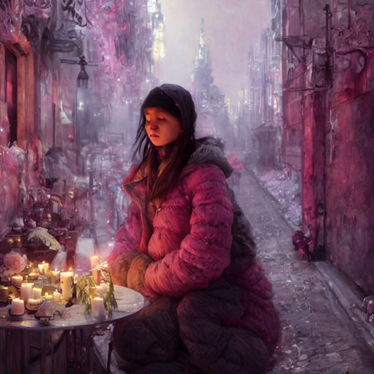 Person in Pink Puffy Jacket at Candle-Lit Table on Vibrant Street