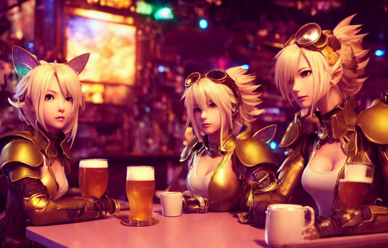 Futuristic armored characters with animal ears in bar setting