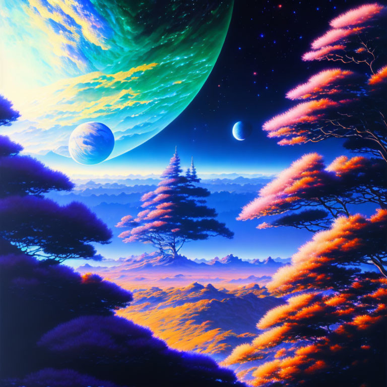 Sci-fi landscape with orange foliage, clouds, and colorful planets