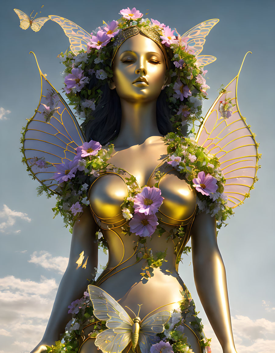 Golden fairy with floral adornments and intricate wings in digital art.