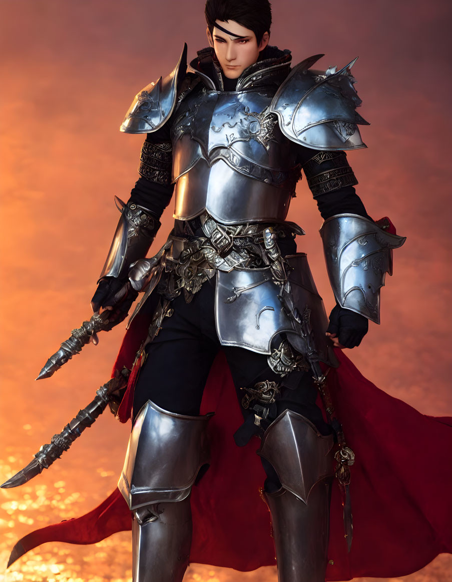 Medieval male warrior in ornate armor with red cape and spiked mace against fiery backdrop