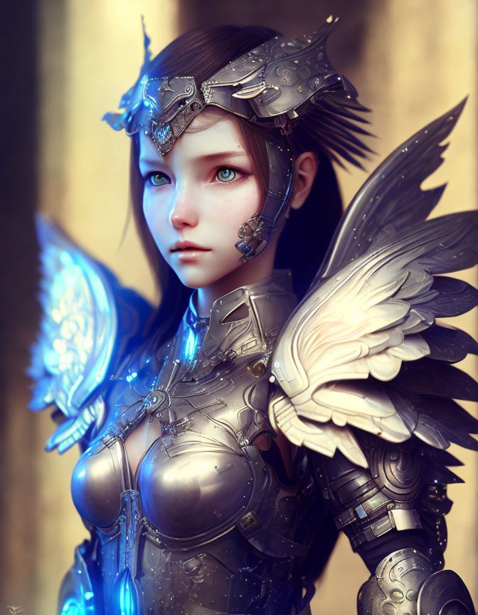 Digital artwork featuring female character in metallic armor with feathered wing helmet