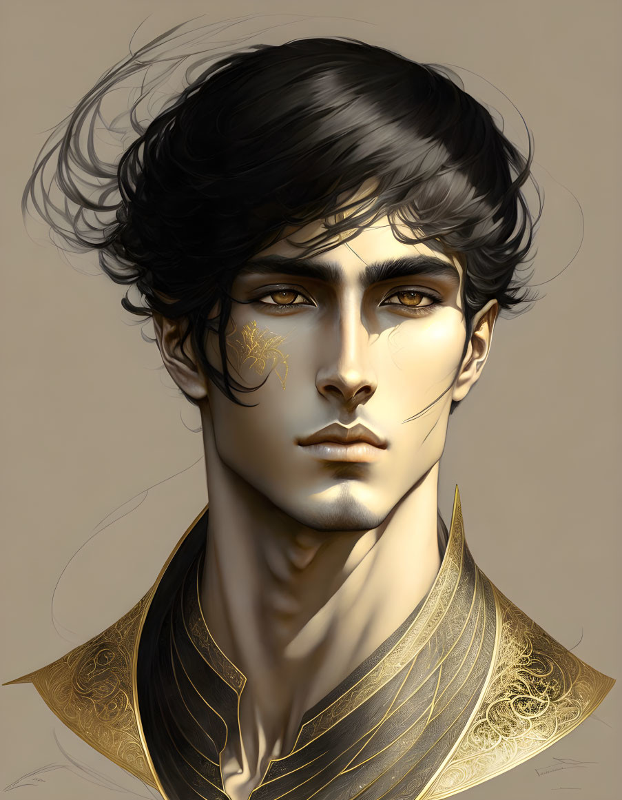 Man with Dark Hair and Gold Adornments in Digital Art