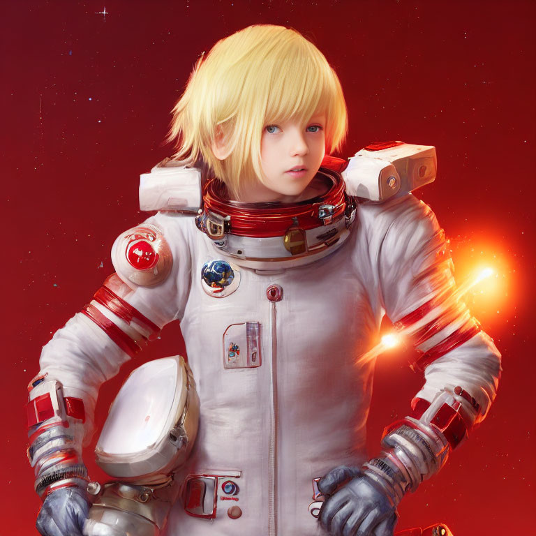 Detailed astronaut suit on a solemn child with blonde bowl cut against red starry background