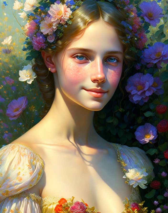 Young woman portrait with floral wreath and vibrant flowers.