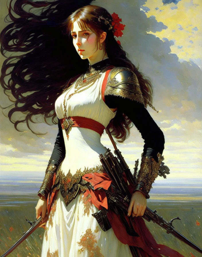 Medieval woman in armor with sword and dark hair in field