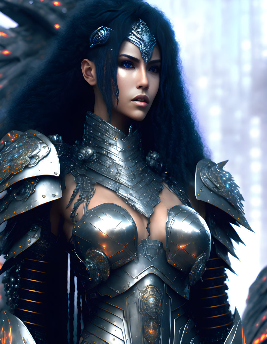 Digital artwork: Woman in intricate metallic armor with futuristic design against blurred light background