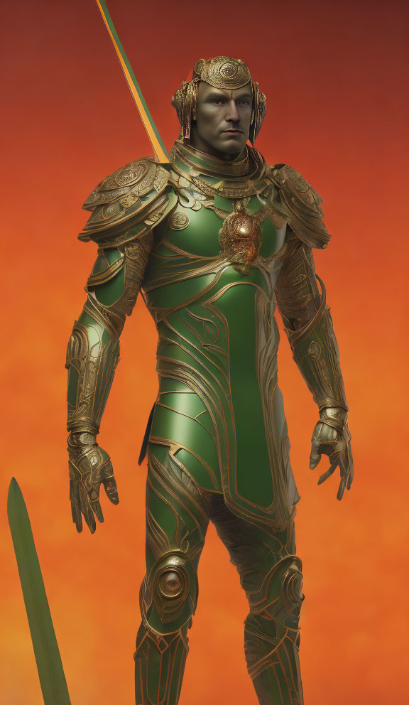 Fantasy warrior in green and gold armor with sword on orange backdrop