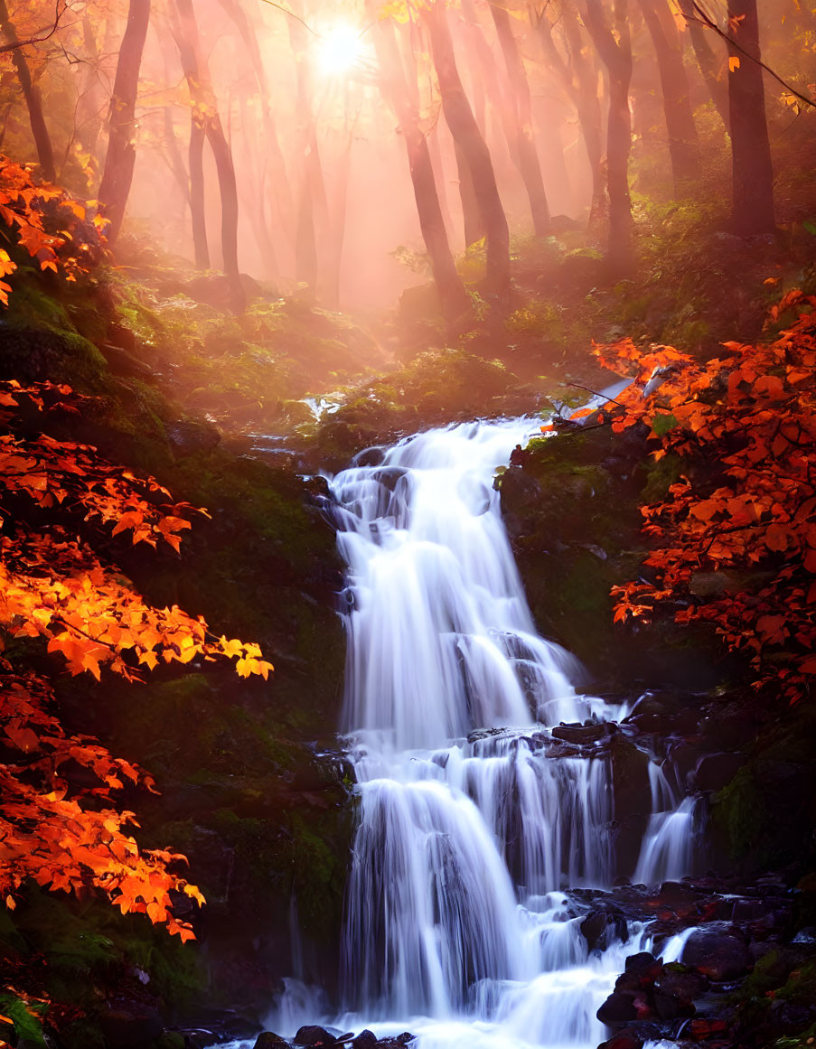 Tranquil autumn forest with waterfall under warm sunlight